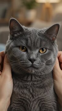 Close up of human hands gently squishing face of adorable grey cat. Vertical video