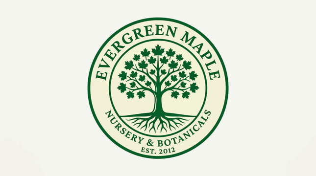 Evergreen Maple Nursery and Botanicals Logo with Tree and Roots.