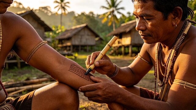Indigenous artist applying traditional tribal tattoo in village