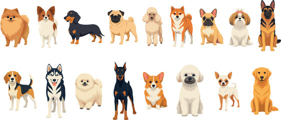 Dog Breed Vector Icon Collection Featuring Pomeranian German Shepherd Husky Beagle Corgi Golden Retriever Pug French Bulldog and Shih Tzu for Veterinary Care Designs © MstLutfa