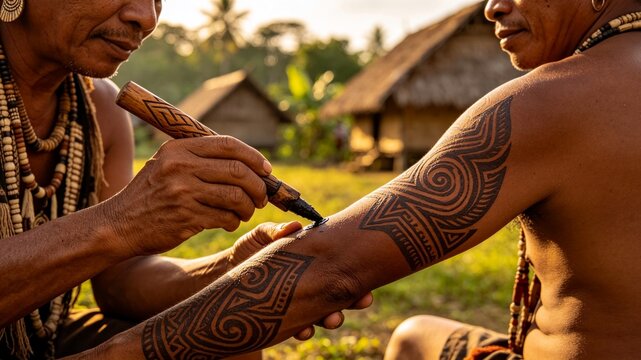 Indigenous artist applying traditional ink patterns on an arm