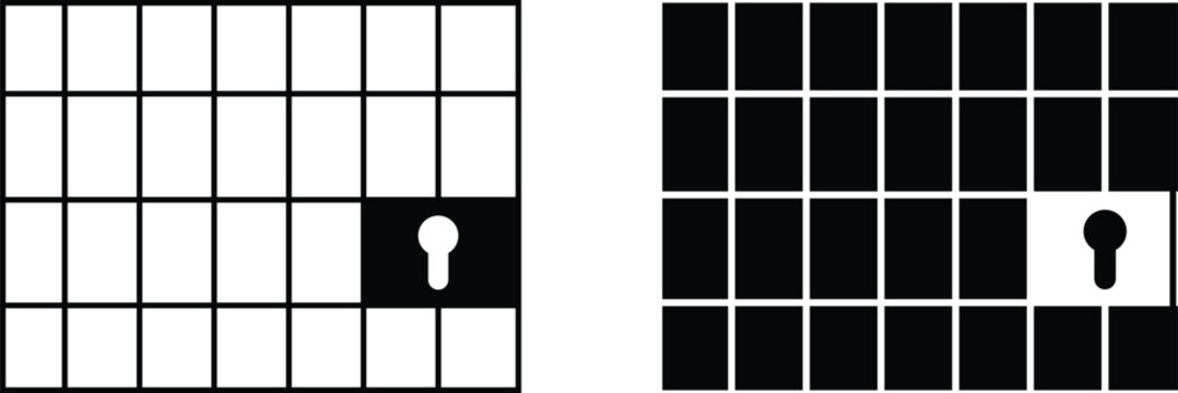 Jail icon set. Prison metal bars and cell components. Law enforcement agency website design. Justice system crime punishment and detention symbols
