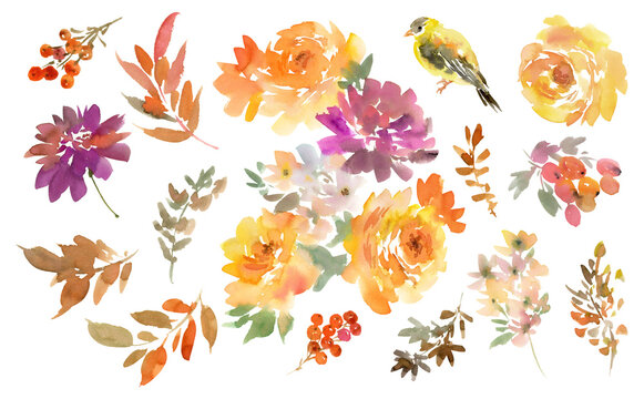 Watercolor Autumn floral clipart set with abstract hand painted dahlia, wild flowers, Autumn leaves and bird for pattern, banner, stationary and surface design. PNG file.