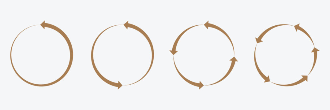 Circle arrow icon set. Symbol of reload, refresh, loading, recycle and repeat. Interconnecting round arrow vector icons set. Work in progress sign. One, two, three, four, five, six arrow in the loop. 