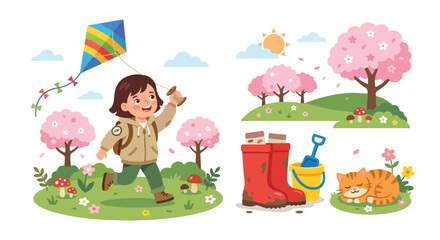 Fototapeta premium This vibrant vector illustration depicts a joyful girl flying a colorful kite in a beautiful spring park filled with blooming cherry blossoms.