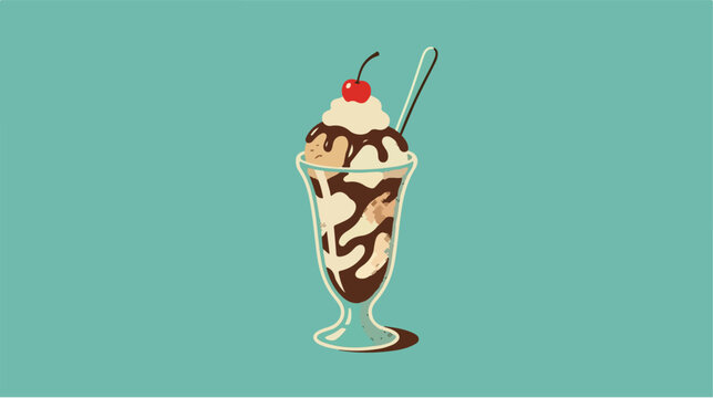 A classic ice cream sundae with chocolate sauce and a cherry on top.