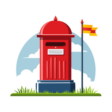 Red lighthouse with sun and ocean illustration