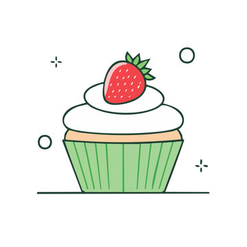 Strawberry Cupcake Flat Vector Illustration