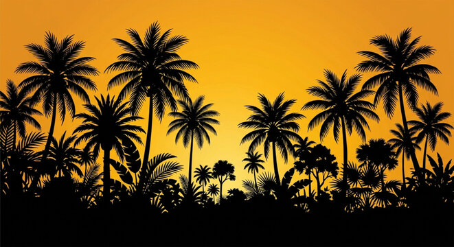 Tropical palm tree silhouettes, sunset background, black palm trees, orange sky