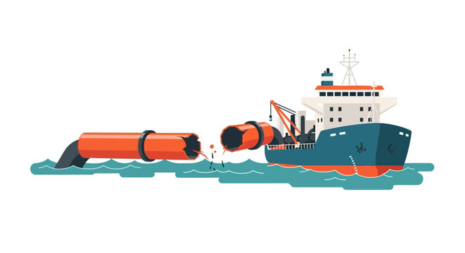Large cargo ship towing underwater equipment at sea.