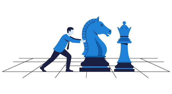 Businessman pushing chess knight on chessboard.