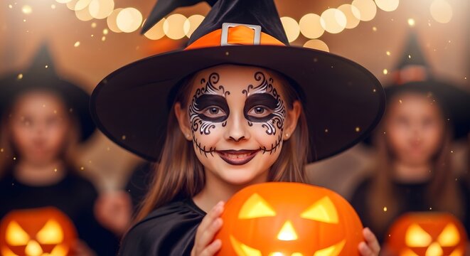 A young girl dressed as a witch with elaborate face paint holding a glowing jackolantern for halloween