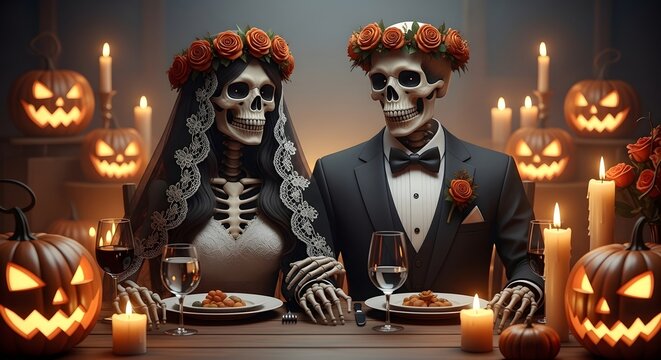 A spooky skeleton bride and groom sitting at a romantic halloween dinner table with jackolanterns and candles