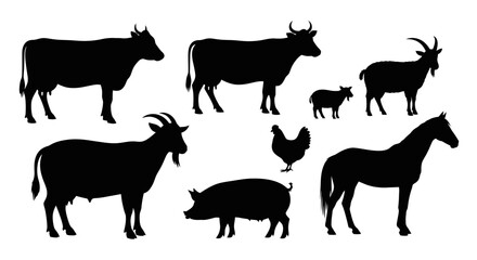 Fototapeta premium Black silhouettes of various farm animals on white background