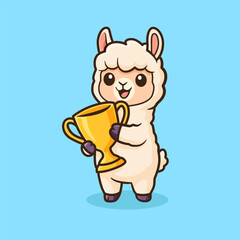Fototapeta premium Cute Kawaii Alpaca Holding Gold Trophy Winner Vector
