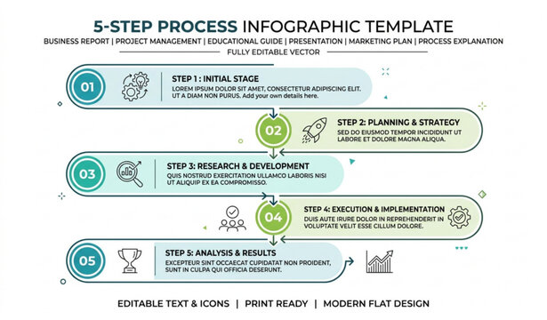 Vertical 5 Step Workflow Infographic Template for Business Presentation Vector Illustration
