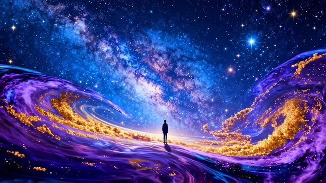 Person standing in cosmic galaxy