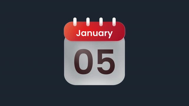 January 05 5th Calendar Date Display Animation with Realistic Desk Calendar Design ProRes Alpha Channel 4K 60fps Transparent Background
