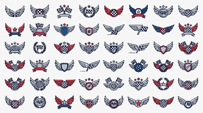 Industrial Vintage Racing Emblems Collection Bold Checkered Flag Winged Shields Stars and Sporty Banners in Red Blue Black and White