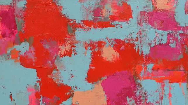High textured gestural abstract artwork with energetic red pastel blue palette, scattered light orange magenta patches, irregular dynamic layered distressed paint composition for wall decor print grap