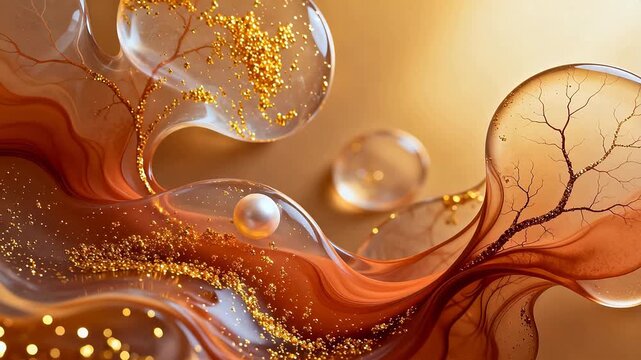 Abstract golden liquid with pearls
