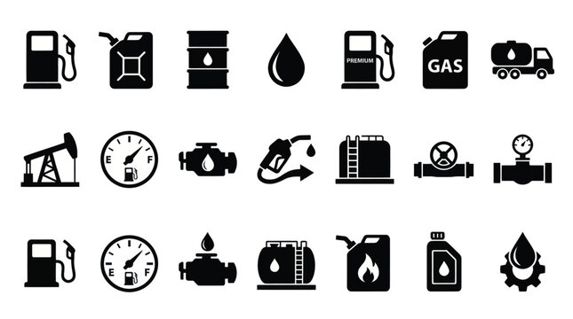 Petroleum industry icon set. Containing fuel pump, oil rig, and storage tank icons. Vector illustration.