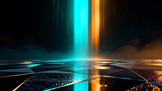 Abstract glowing light beams on reflective floor