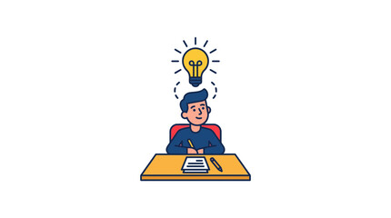 Naklejka premium Boy with Lightbulb Idea Symbol Above Head Sitting at Desk