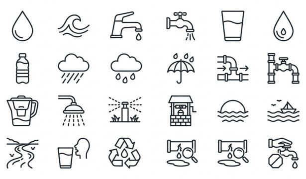 Water line icon set with hydration plumbing and conservation outline symbols
