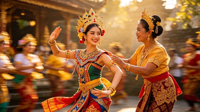 Smiling traditional dancers in ornate golden costumes at a temple