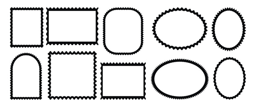 Black outline wavy zigzag rectangle frames set on transparent background. Post stamp frames and borders. Decorative banners and labels set for mail, postcard, letter, note.