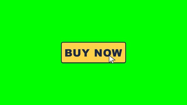 4K green screen BUY NOW sale badge - a gold buy now button with a click ripple and tapping cursor, animated promo discount banner overlay for marketing and e-commerce, chroma key