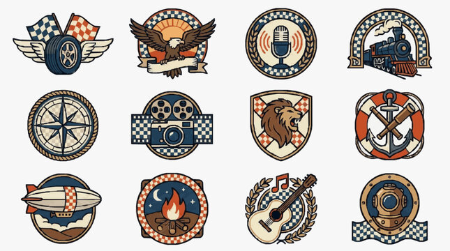 Minimalist Vintage Checkerboard Style Emblem Collection Featuring Airplane Eagle Microphone Train Compass Camera Bear Anchor Zeppelin Campfire Guitar Engine