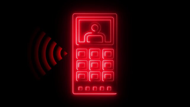 Neon red smartphone with pulsing wireless signal animation for digital communication and connectivity concepts