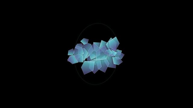 Geometric 3D polygon shapes cluster inside a subtle oval frame conceptual design
