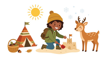 Naklejka premium A smiling child builds a sandcastle beside a friendly deer, featuring a cozy tent, a basket of acorns, a bright sun, and falling snowflakes.
