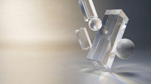 Floating transparent glass rectangular prisms and spheres create a sophisticated abstract composition with soft light and elegant rainbow light refractions