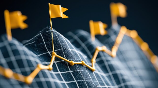 A 3D graph with a yellow line chart and flags marking key points on a dark grid surface, symbolizing data trends and milestones.