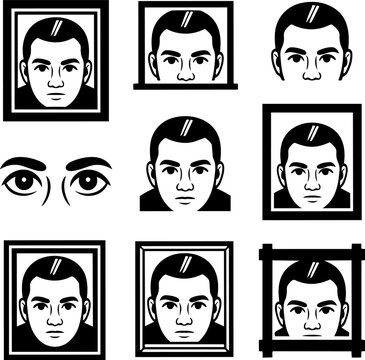 Man's face in multiple frame styles during self-reflection concept with graphic illustration style