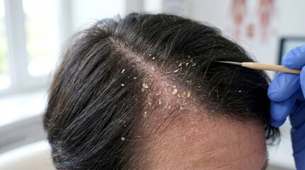Naklejka premium Extreme close up of dandruff flakes on scalp showing dry skin condition and hair follicles