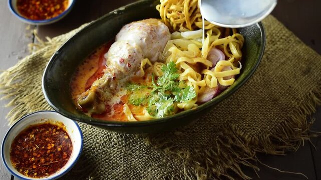 Thai curry noodles Khao Soi with chicken drumstick in black bowl, pouring fresh coconut milk on top, Northern Thailand food cooking concept, close up studio video.