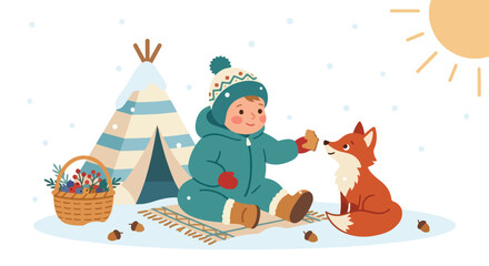 A cute toddler in a blue snowsuit sits on a rug in the snow, offering a treat to a friendly red fox near a small tipi and a basket of berries. © Rayi