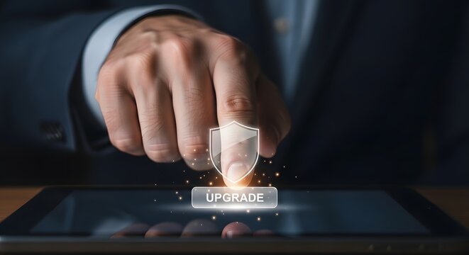 Businessman's finger hovering over a tablet screen with a digital shield icon and the word 'upgrade' glowing, symbolizing security and improvement