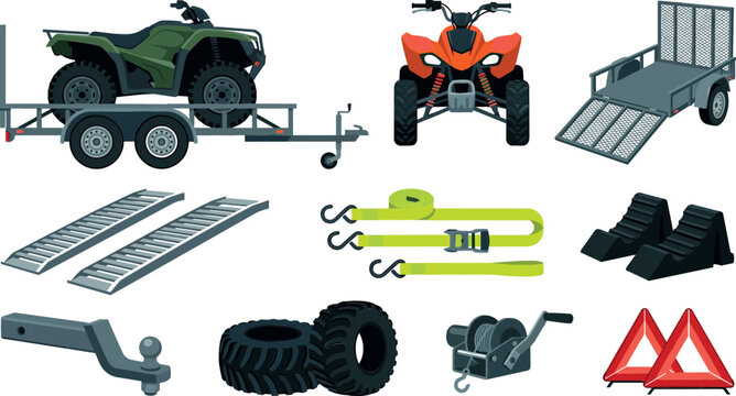 ATV and Utility Trailer Vector Illustration Set with Quad Bikes Loading Ramps Tie Down Straps Winch Wheels and Chocks for Offroad Transportation Designs