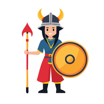 Flat illustration of a viking warrior with shield and spear