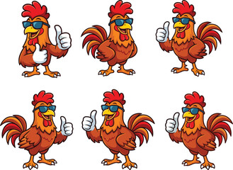 Cartoon rooster mascot character set wearing sunglasses showing thumbs up gestures for restaurant logo and branding © MstSaifun