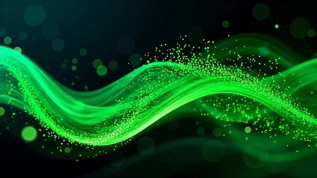 Green abstract wave with glowing particles