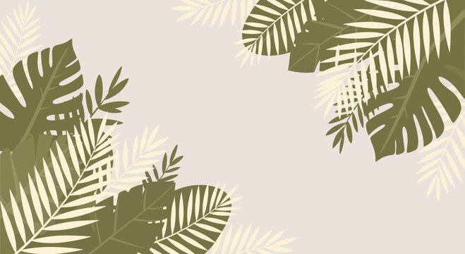 Tropical leaves background, green and beige foliage pattern