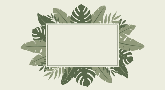 Tropical leaves border with blank rectangle frame on beige background, summer design element.