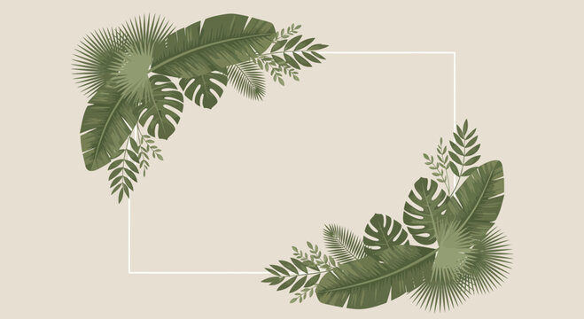 Tropical Leaves Corner Frame on Beige Background, Botanical Decorative Element